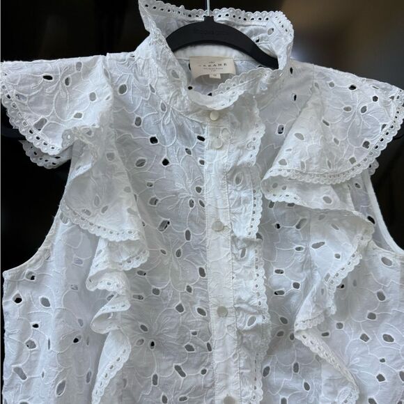 Sezane White Chiara Eyelet Ruffled Cotton Blouse, Size 38 - Picture 8 of 12